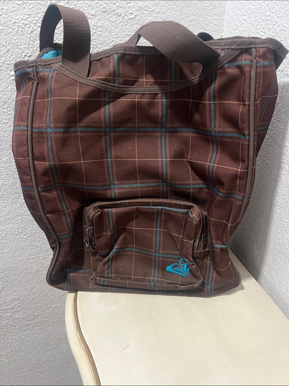 Roxy Brown Plaid Tote with Teal Logo Accent